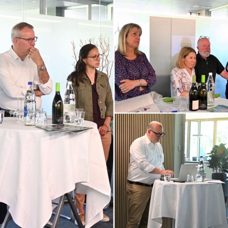 Menschen bei einer geschäftlichen Besprechung mit Getränken auf Stehtischen