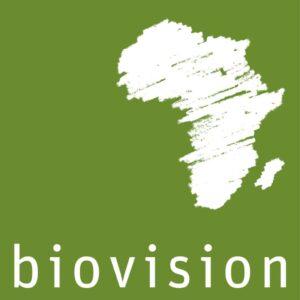 Green Biovision logo with white Africa map and lowercase text