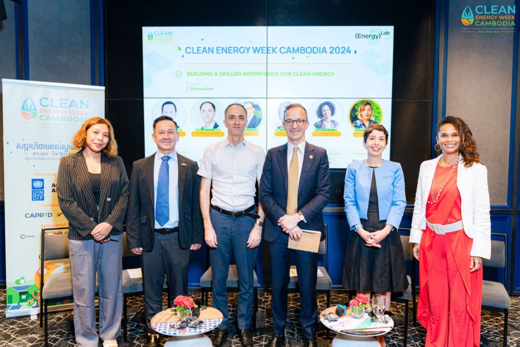Panelists pose at Clean Energy Week Cambodia 2024 event on skilled workforce development