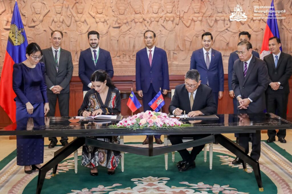Officials from Liechtenstein and Cambodia sign a cooperation agreement at a formal ceremony