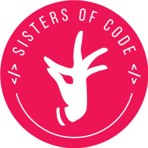 Sisters of Code logo with white abstract hand on pink circle