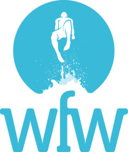 Blue WfW logo with a white figure rising above a splash on a clean background