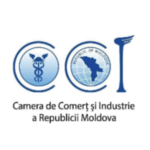 Chamber of Commerce and Industry of the Republic of Moldova logo with blue emblems and text