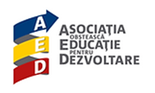 AED logo with blue, yellow, and red ribbon shapes beside Romanian text