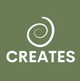 CREATES logo with white spiral symbol on muted green background