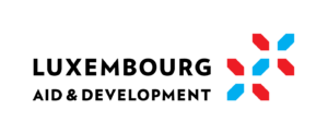 Luxembourg Aid & Development logo with red and blue geometric emblem on white background