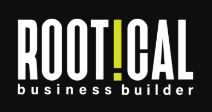 ROOT!CAL business builder logo in white and yellow on a black background