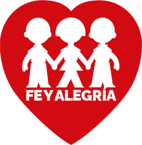 Red heart logo with three white child figures and the words FE Y ALEGRIA
