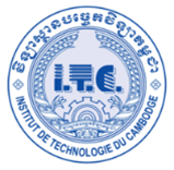 Blue circular Institute of Technology Cambodia logo with gear and book emblem